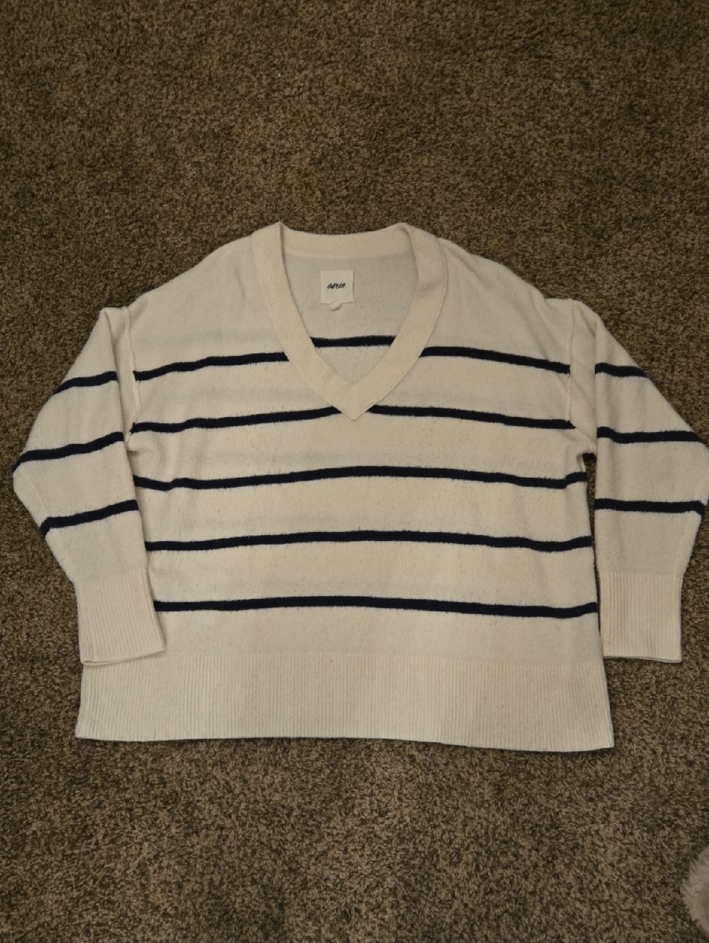 Women's Cream V-Neck Stripe Sweater - Brand: Aerie